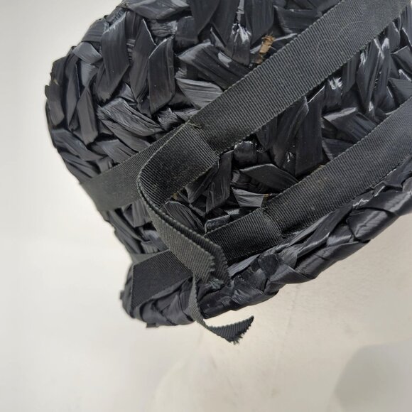 Vintage Black Rattan Hat Cloche Straw - Picture 3 of 8